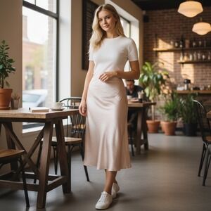 Bobeau Slip Skirt Womens Large Midi‎ Elastic Waistband Satin Flowy Chic Romantic